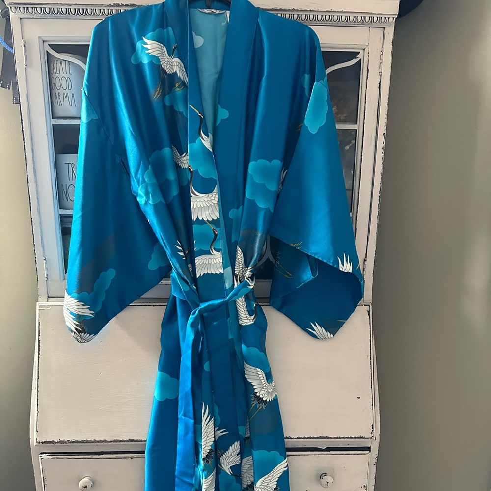 Vintage Mosukyo Electric Royal Blue Kimono Robe with Cranes